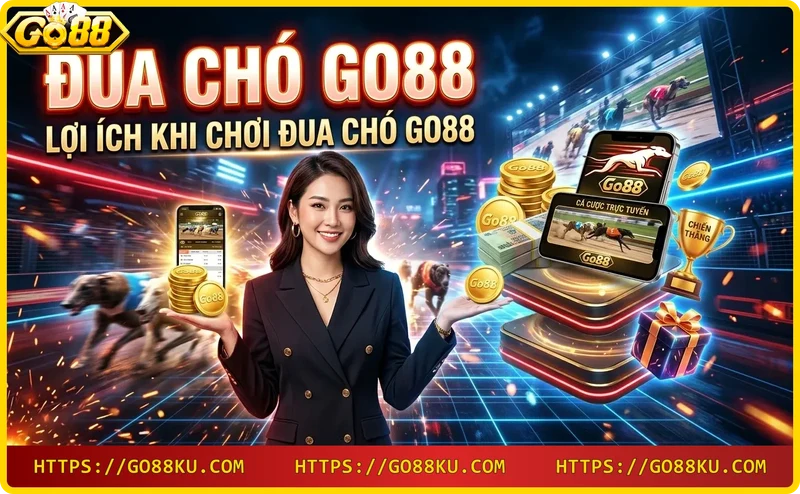 Điện thoại hiển thị game đua chó Go88 với chip vàng và hiệu ứng ánh sáng đẹp mắt