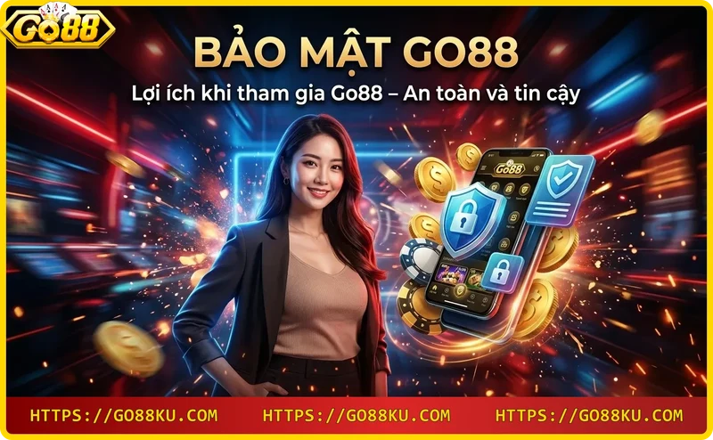 Người chơi an tâm với bảo mật Go88 – điện thoại có biểu tượng khóa và đồng xu vàng